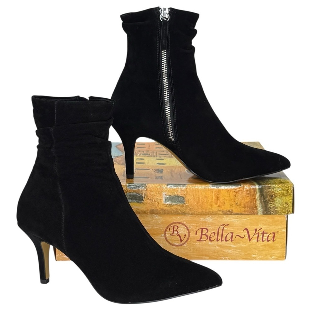 Bella Bita Danielle Black Kidsuede Leather Womens Heeled Ankle Boots Size 9.5M